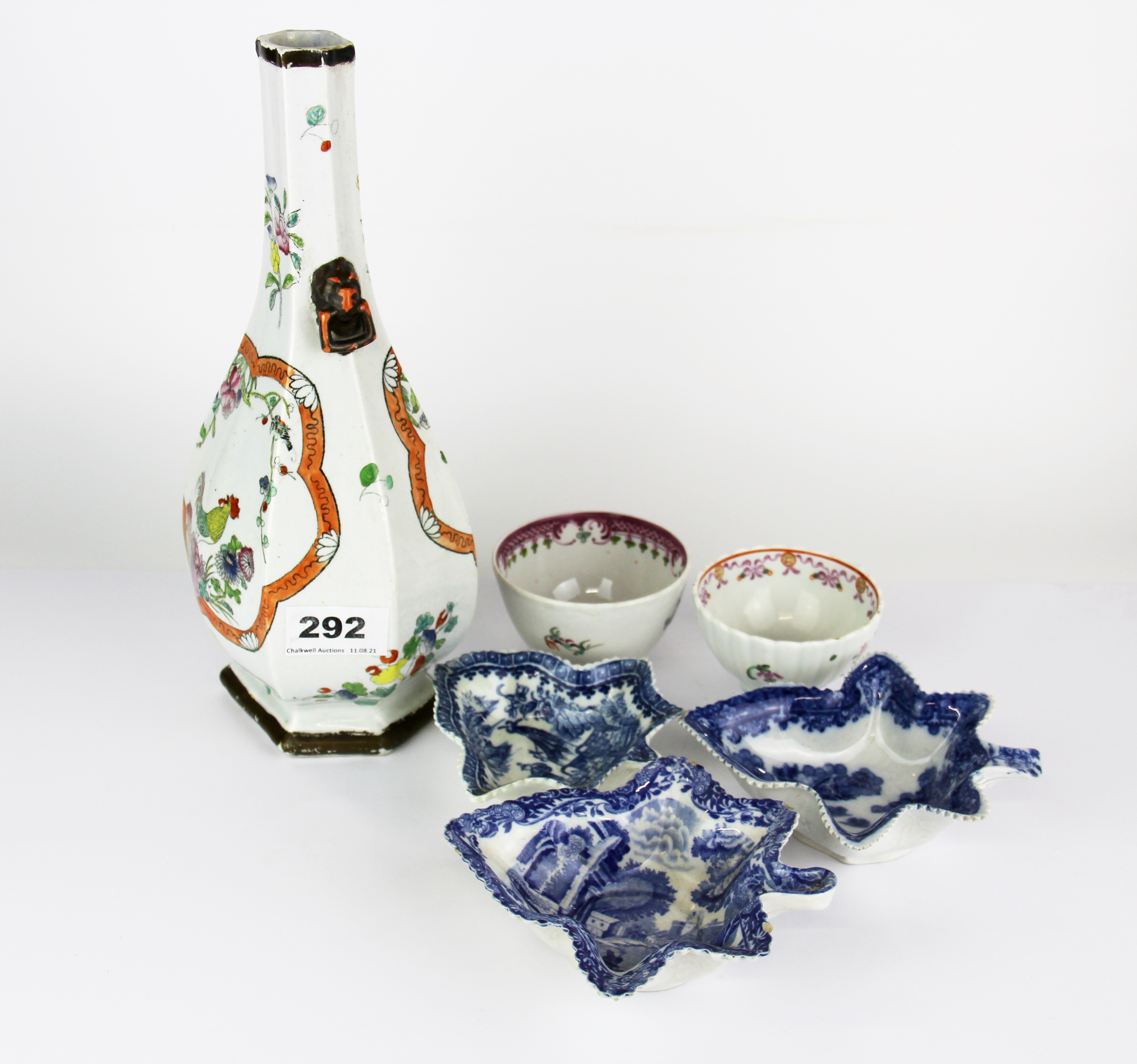 A group of 18th and 19th C oriental influenced English soft paste porcelain items, vase H. 28cm.
