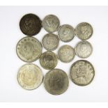 A small group of mixed Chinese and Indian coins.