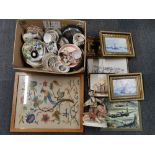 A large box of good mixed items including pictures and a framed embroidery.