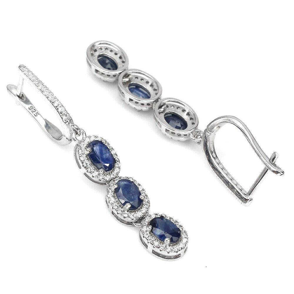 A pair of 925 silver drop earrings set with oval cut sapphires and white stones, L. 5cm. - Bild 2 aus 2