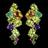 A pair of 925 silver drop earrings, set with peridot, emerald, citrine and other semi precious