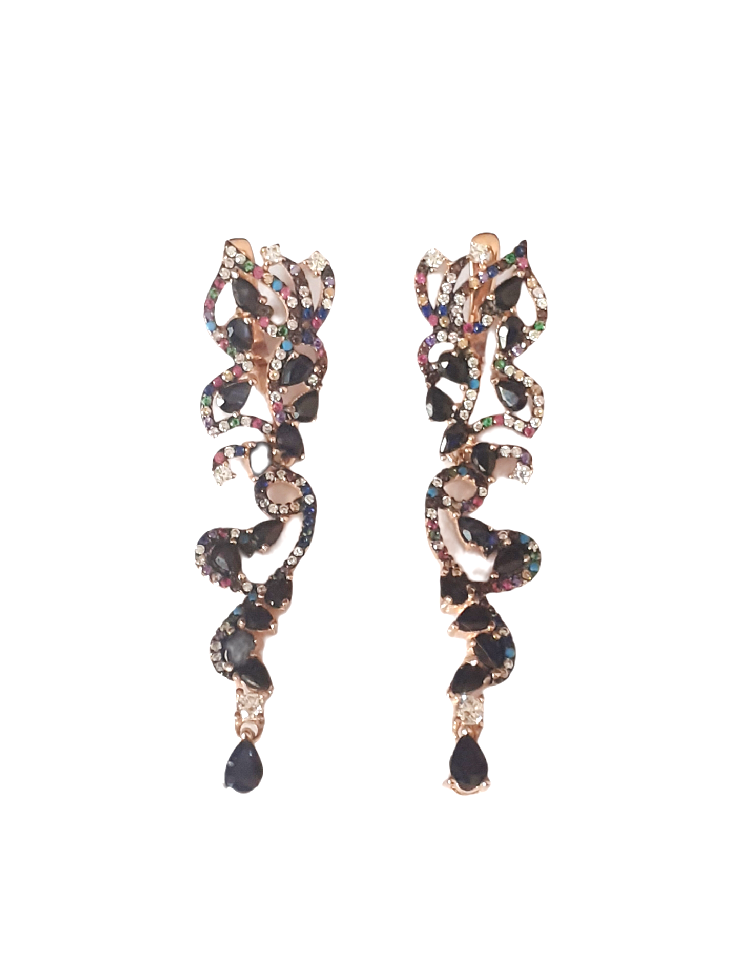 A pair of 925 silver rose gold gilt drop earrings set with pear cut sapphires and other semi