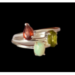 Three 925 silver stacking rings, set with peridot, garnet and opal, (M).