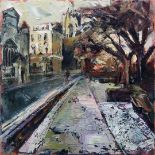 Susan Isaac, "Peterhouse, Cambridge", 30 x 30cm, c. 2021. This autumnal view of Trumpington Street