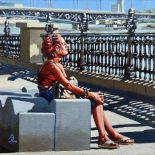 Alix Baker, "South bank sunbather", framed oil on canvas, 20 x 20cm (framed 36 x 36cm), c. 2020. I