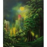 Bok Bah Ng, "City in the park", unframed mixed media on board, 60 x 50cm, c. 2021. A beautiful