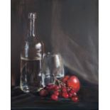 Larain Briggs, "Bottle, Glass, Peach and Grapes", unframed oil on canvas, 77 x 61cm, c. 2021. A