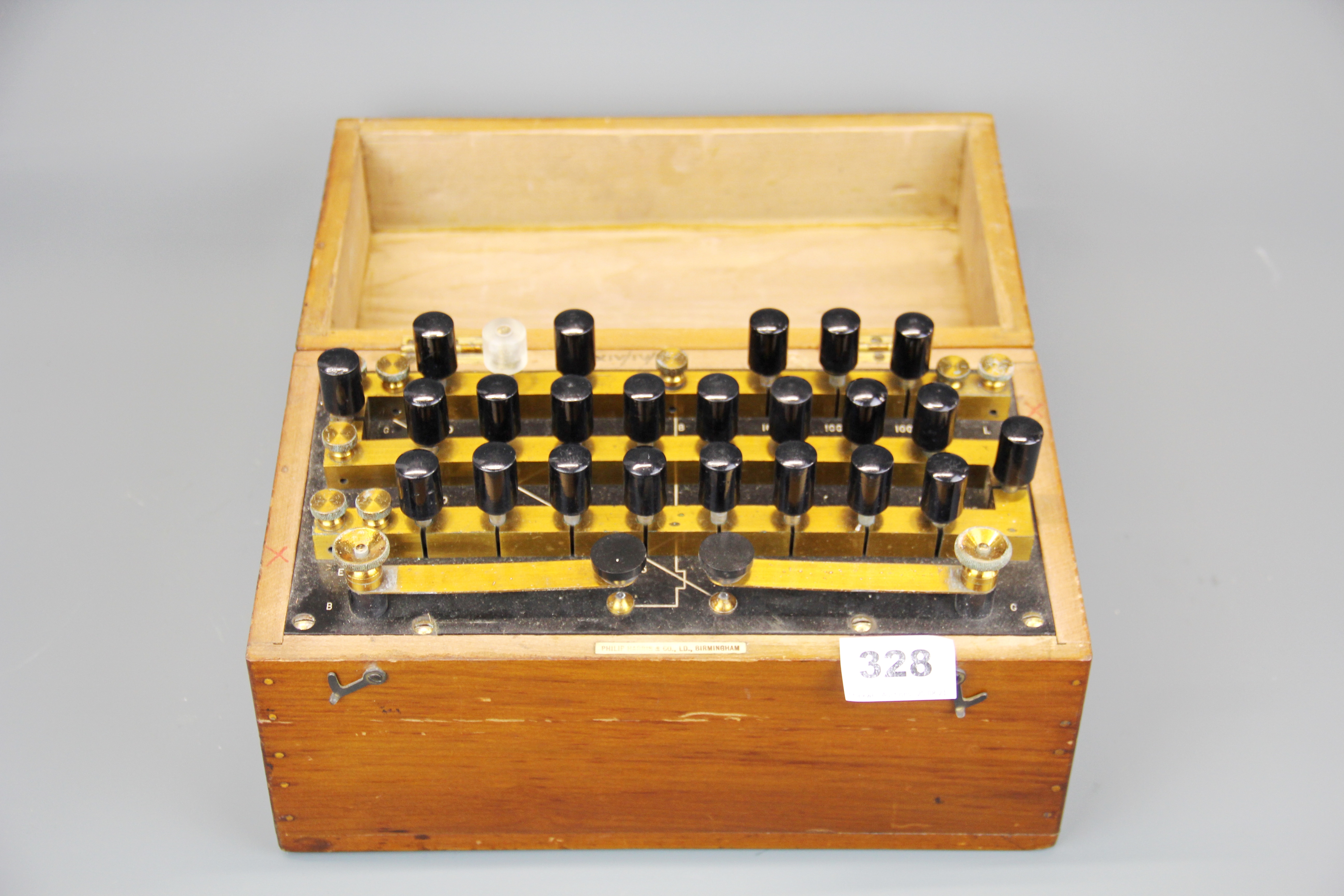 A mahogany cased Phillip Harris and Co electrical resistance box, 28 x 15 x 17cm.