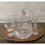 A walnut veneered tea tray and a group of good glassware.