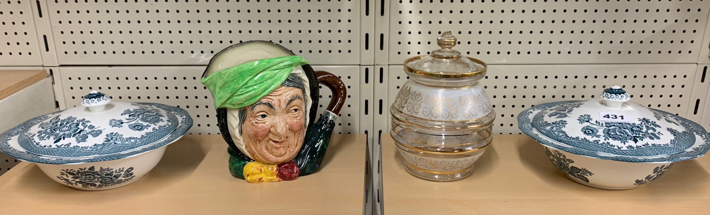 A Royal Doulton large charatcer jug with a vintage biscuit barrel and two Wedgwood tureens.