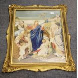 A large gilt framed 19th C tapestry, frame size 76 x 86cm.