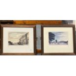 A pair of framed reproduction prints of London together with a pine framed mirror, print size 49 x