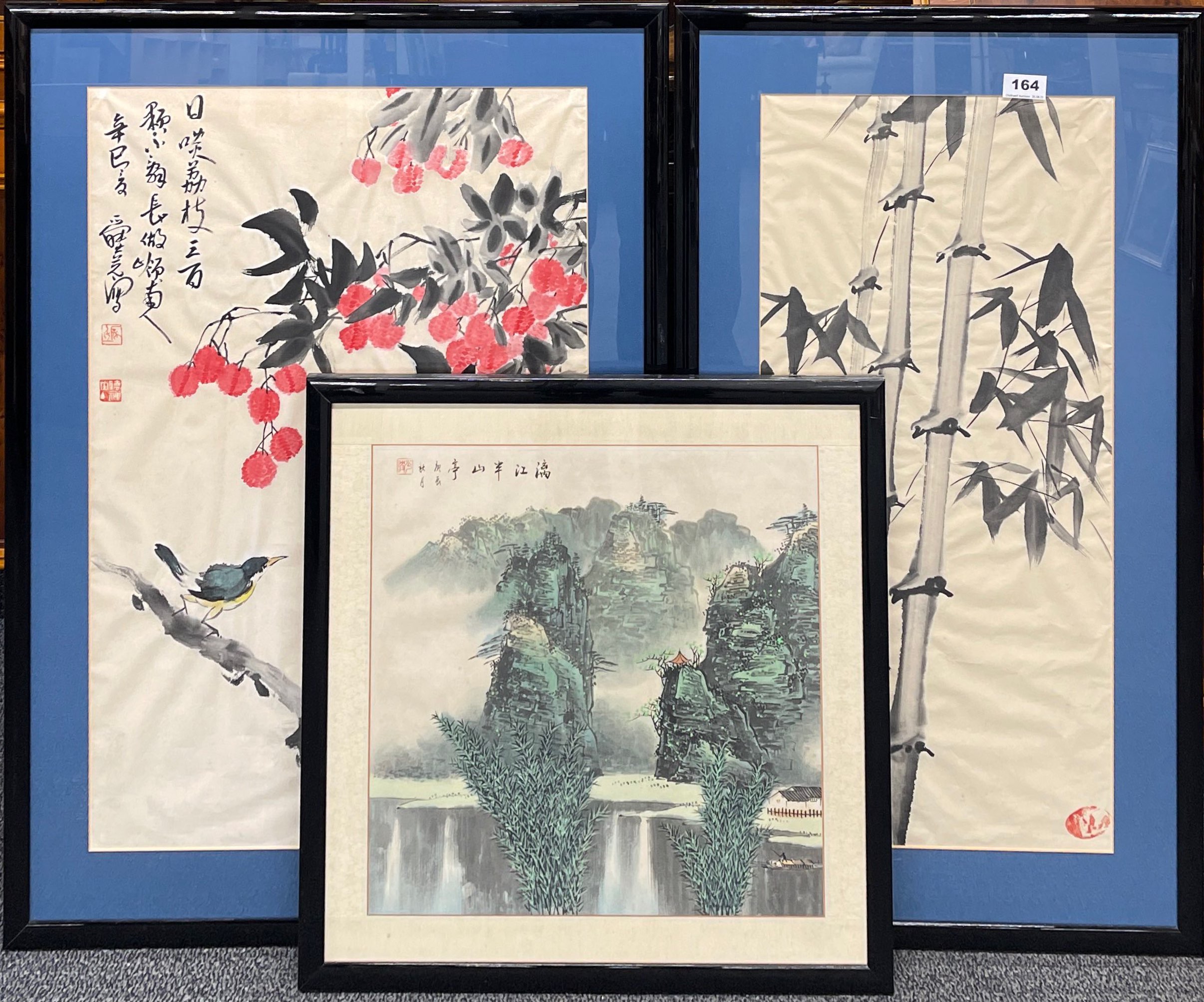 A group of three framed Chinese watercolours, largest frame 48 x 85cm.