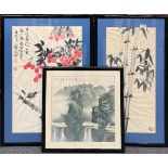 A group of three framed Chinese watercolours, largest frame 48 x 85cm.