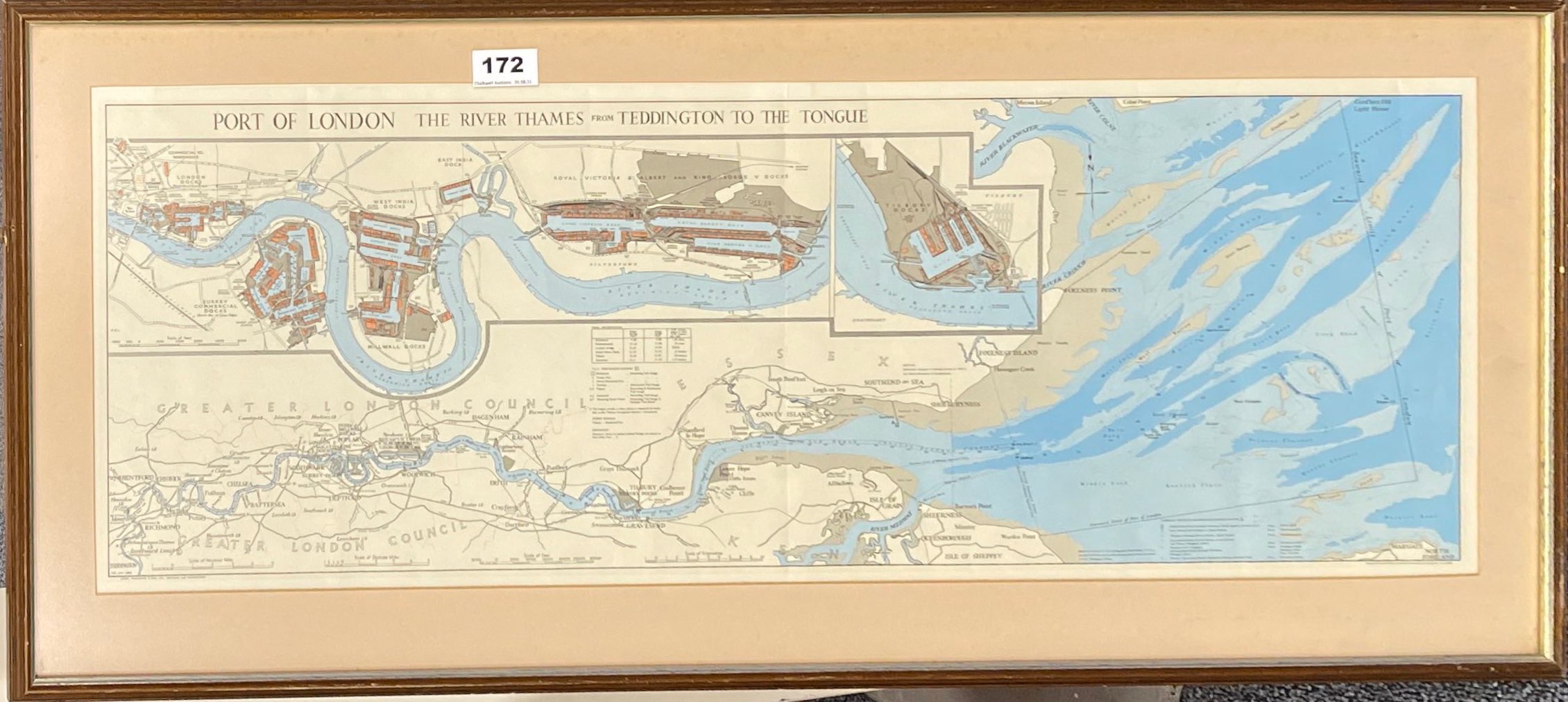 A framed map of the port of London, frame size 91 x 41cm.