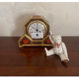 A Royal Crown Derby porcelain mantle clock, H. 10cm. With a Crown Derby teddy bear.