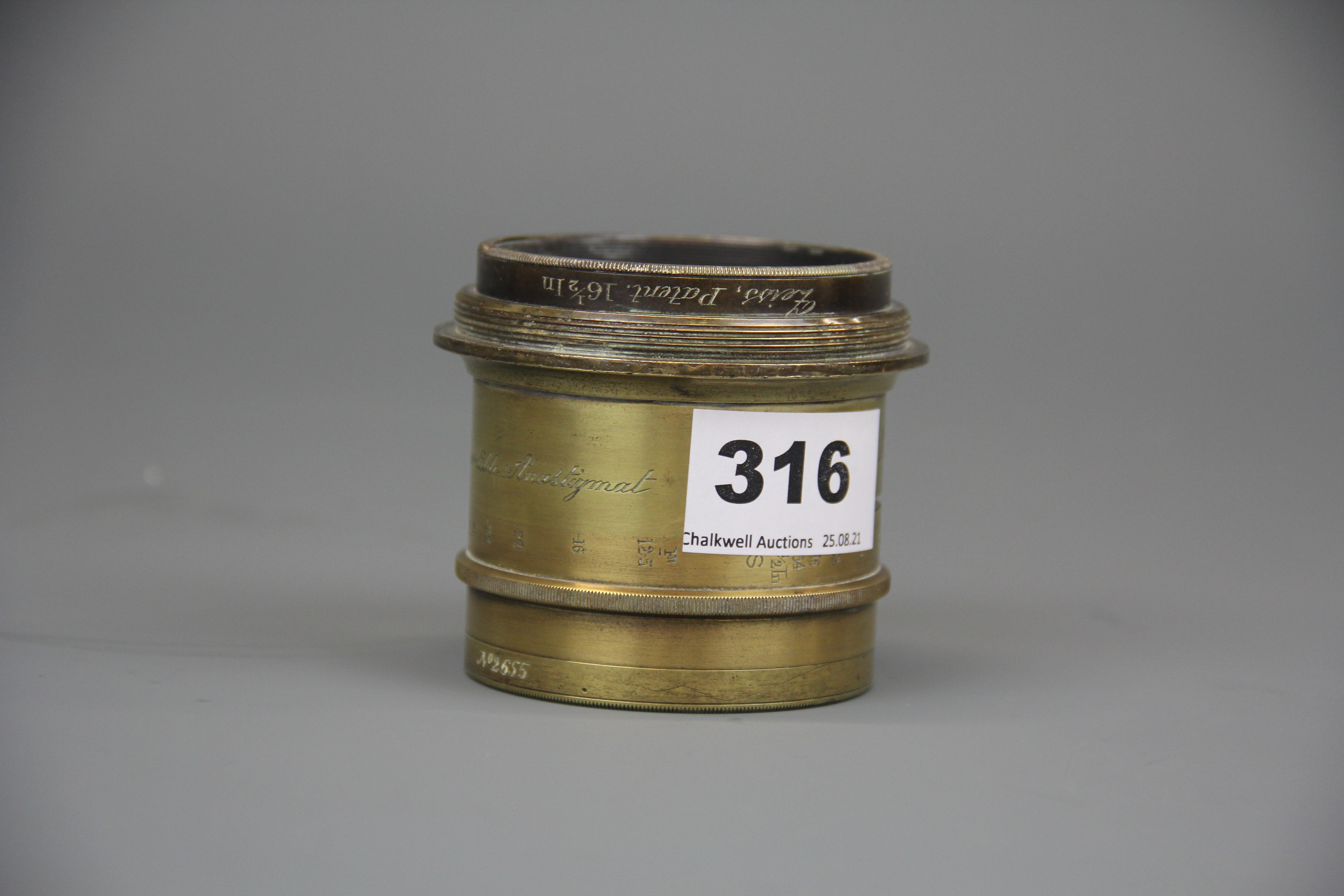 A Ross London Zeiss convertible anastigmat brass bound camera lens. Zeiss patent 19 1/4 front lens