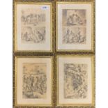 A set of four gilt framed early prints showing African tribal life and capturing slaves, frame