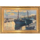 A gilt framed oil on board of sailing boats at anchor with indistinct signature, frame size 25 x