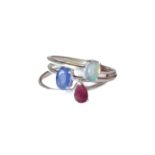 Three 925 silver stacking rings, set with sapphire, ruby and opal , (S).