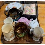 A 1920's oak tea tray and a quantity of china items.