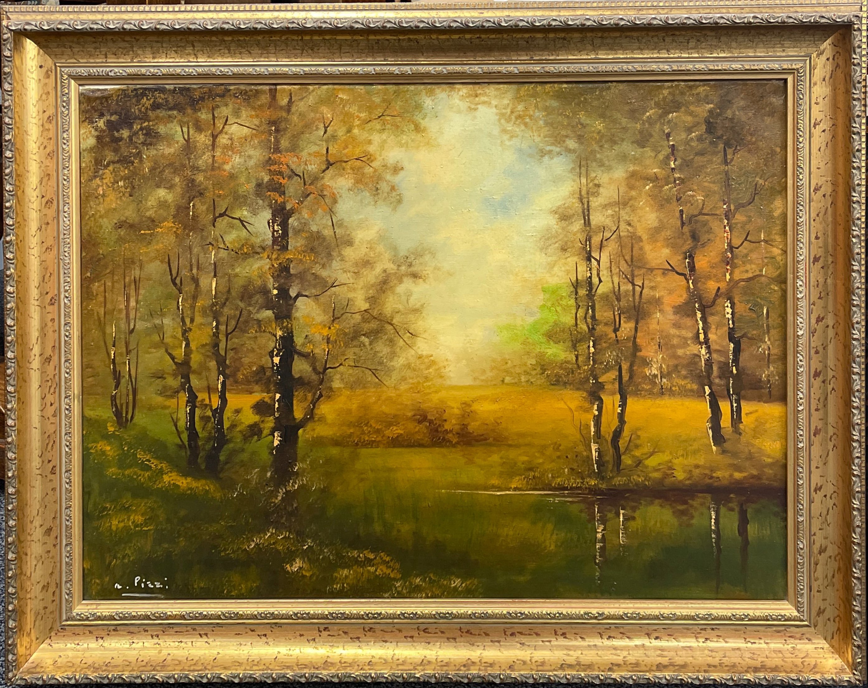 A gilt framed oil on canvas signed Pizzi, frame size 85 x 65cm.