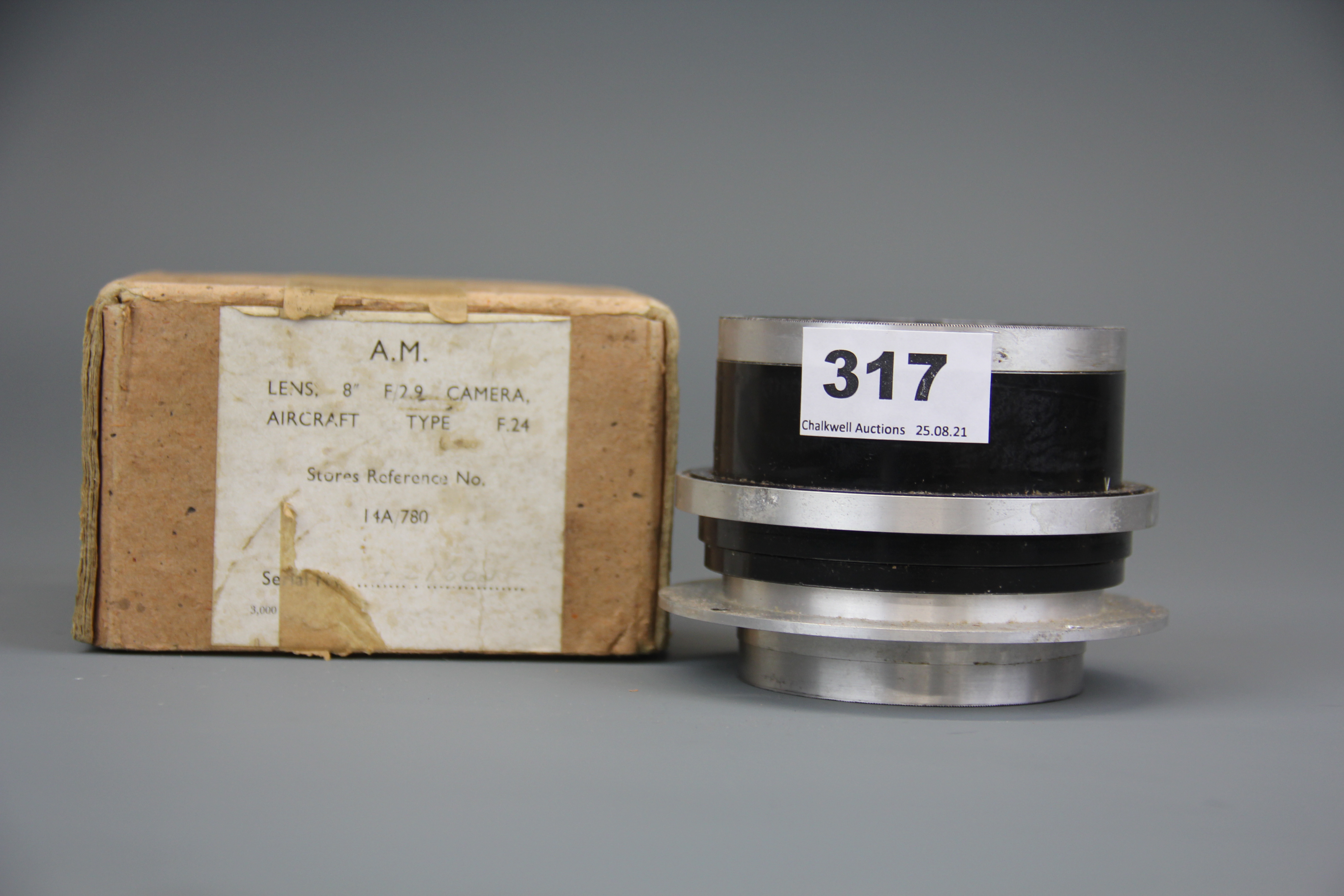 An Air Ministry Dallmayer 8 in F/2.9 camera lens aircraft type f24,14a 780 with original box.