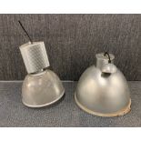 Two industrial style ceiling lights, largest Dia. 35cm.