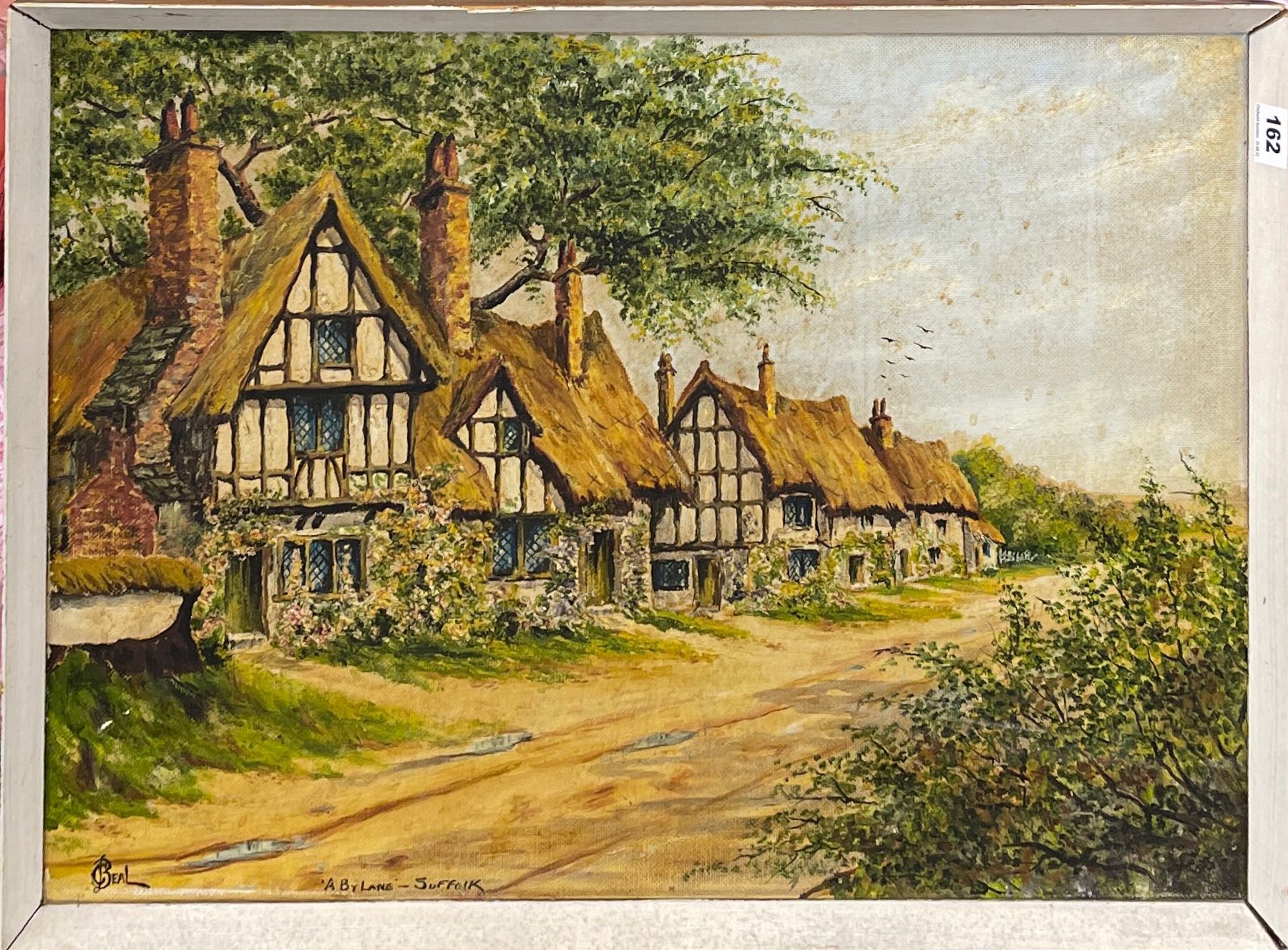 An oil on hardboard of 'A by Lane - Suffolk' Signed C. Beal, frame size 76 x 59cm.