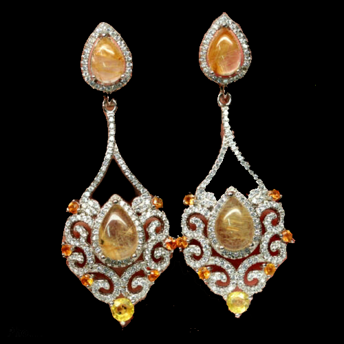 A pair of 925 silver drop earrings set with pear cabochon cut rutile quartz and fancy orange and
