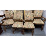 A set of six carved oak tapestry upholstered dining chairs matching lot 245.