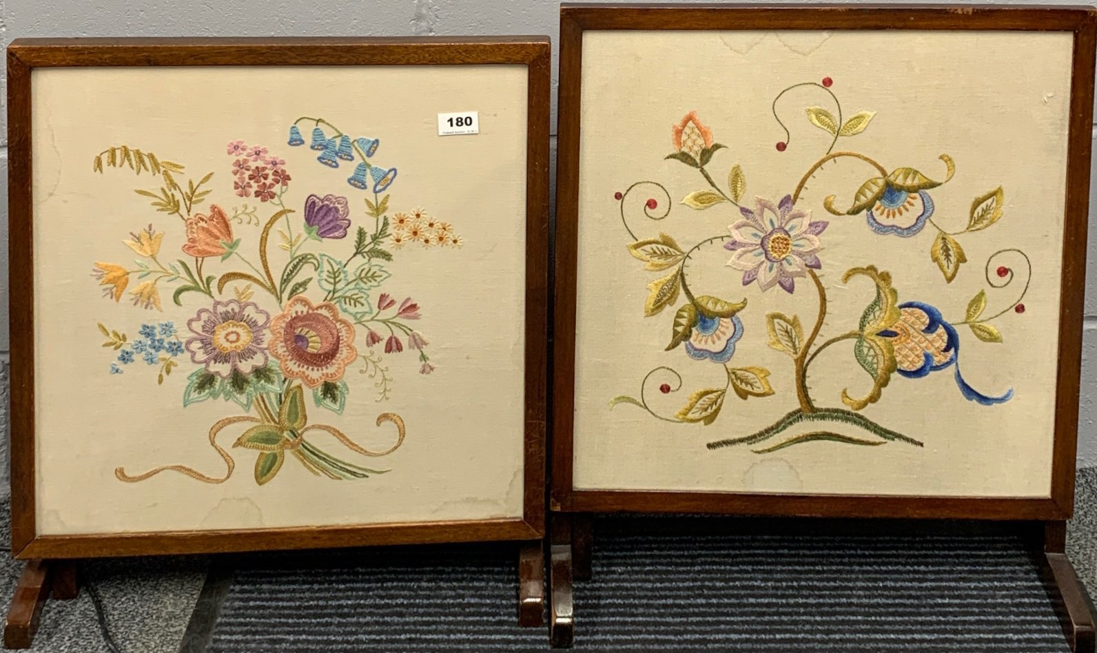 Two 1930's metamorphic fire screen coffee tables inset with embroidery, largest 51 x 61cm.