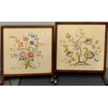 Two 1930's metamorphic fire screen coffee tables inset with embroidery, largest 51 x 61cm.