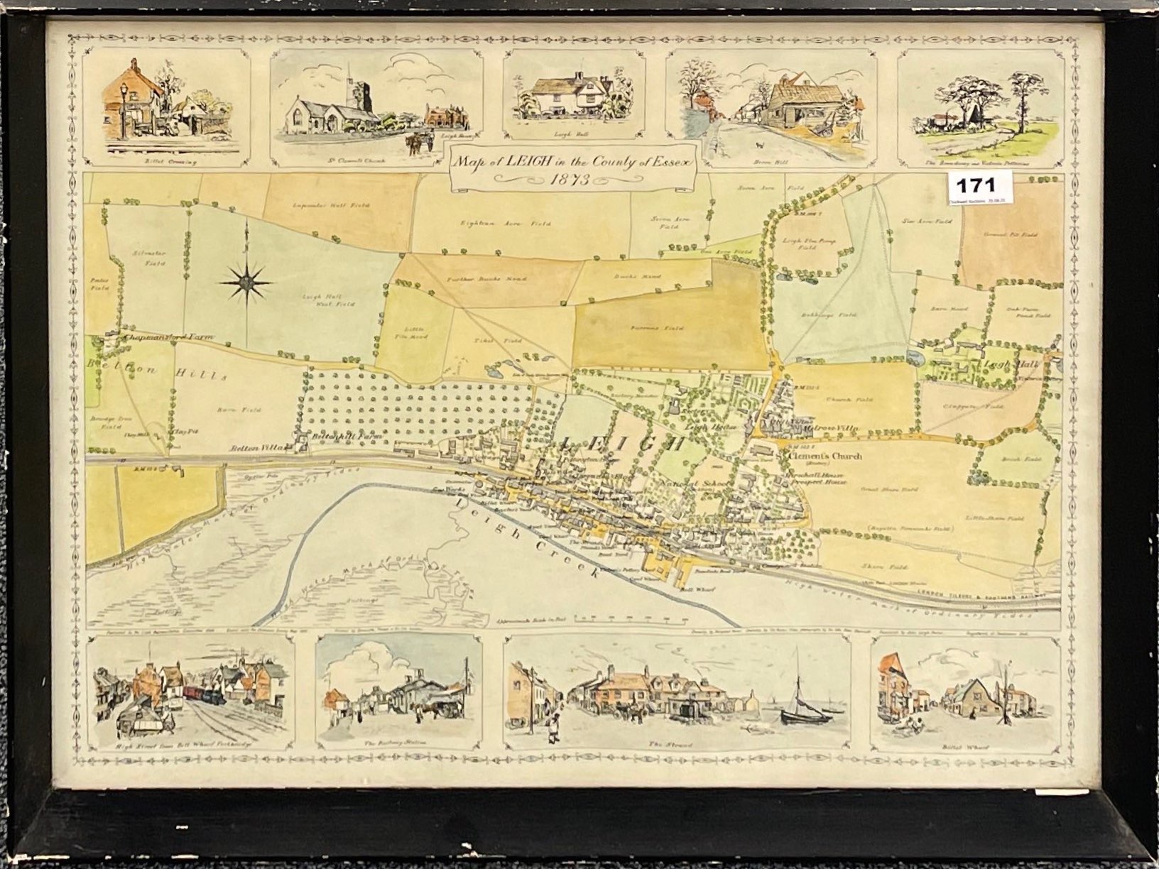 A framed hand coloured reproduction map of Leigh on Sea, frame size 67 x 54cm.