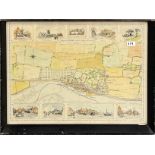 A framed hand coloured reproduction map of Leigh on Sea, frame size 67 x 54cm.