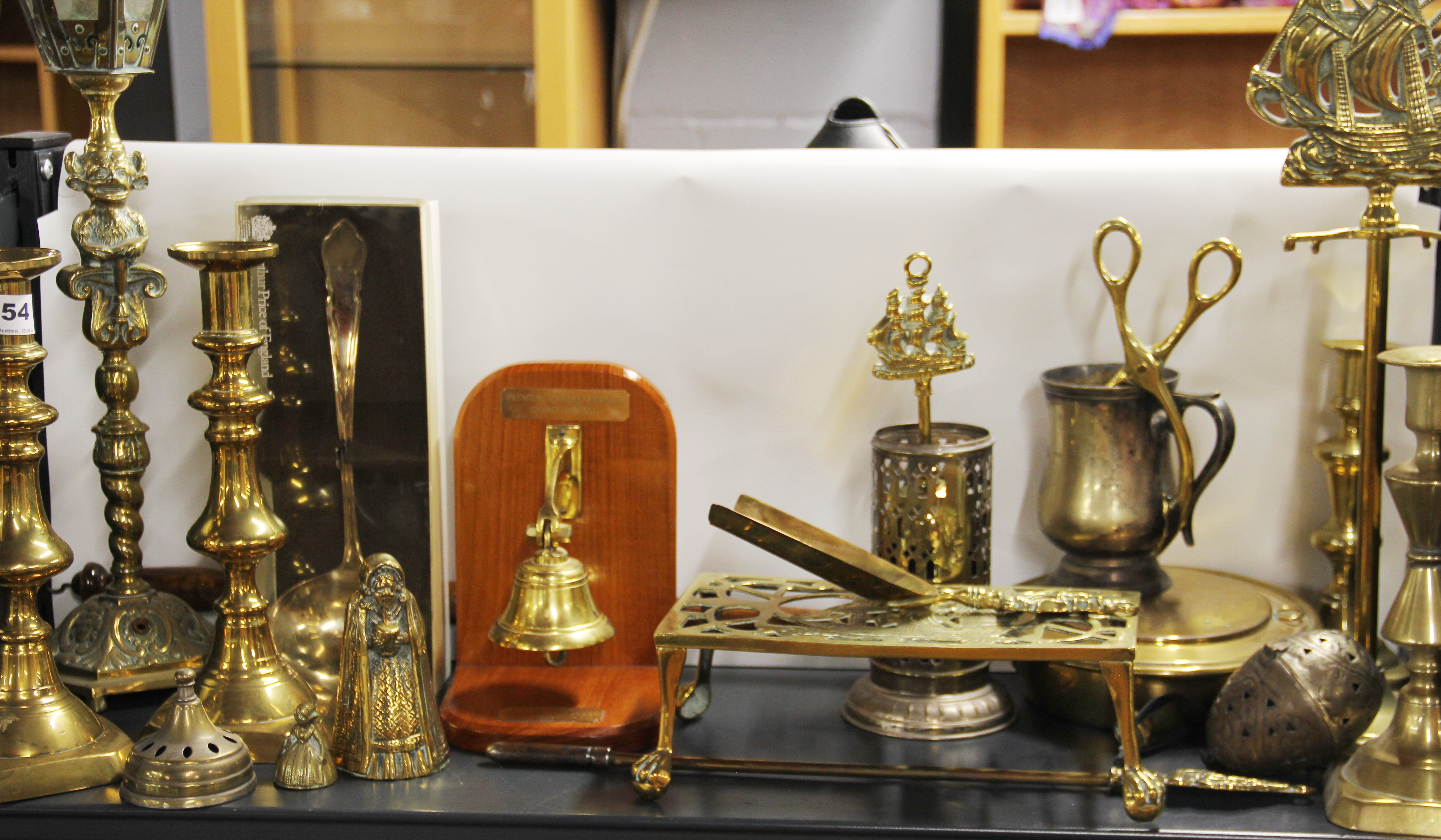 A 1920's brass table lamp, H. 61cm. Together with Victorian brass candlesticks and other items. - Bild 2 aus 2