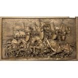 A cold cast relief panel of a Medievel battle scene, 51 x 30cm.