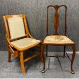 A pretty Edwardian inlaid hall chair, together with a pine nursing chair with under seat curved