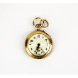 A pretty lady's enamlled 14ct gold outer case fob watch, Dia. 2.8cm. Appears to be in working