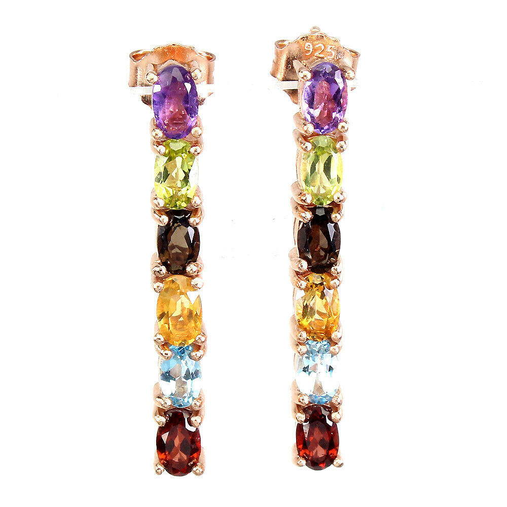 A pair of 925 silver rose gold gilt drop earrings set with garnet, topaz, citrine, smokey quartz,