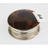 A hallmarked silver and tortoise shell trinket box, Dia. 7.5cm. D. 4cm.