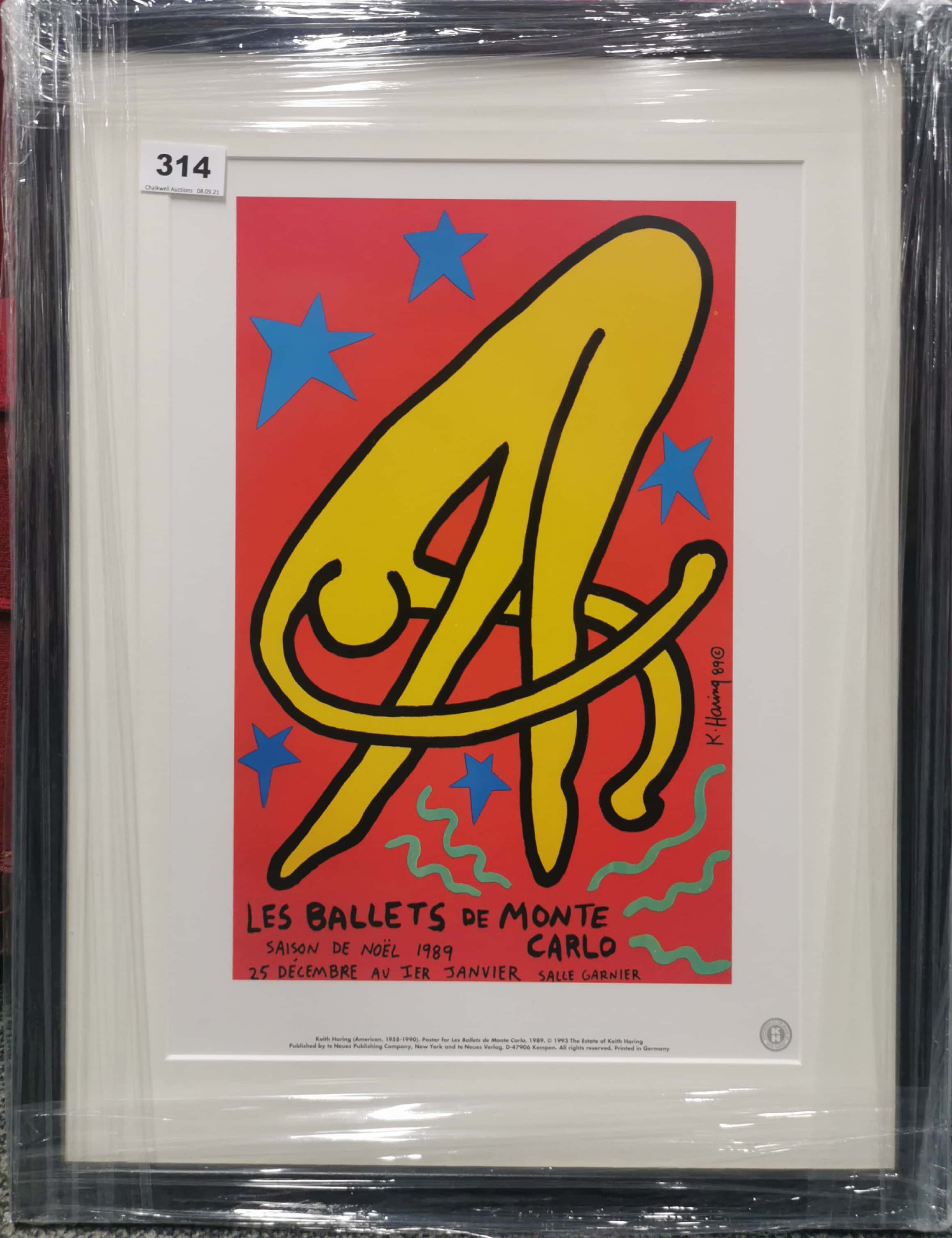 A Keith Haring framed lithograph of the poster 'Les Ballets de Monte Carlo' 1989, frame 53 x 43cm.