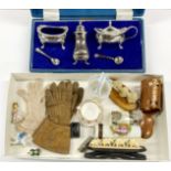 A boxed silver plated cruet set and quantity of mixed small items.