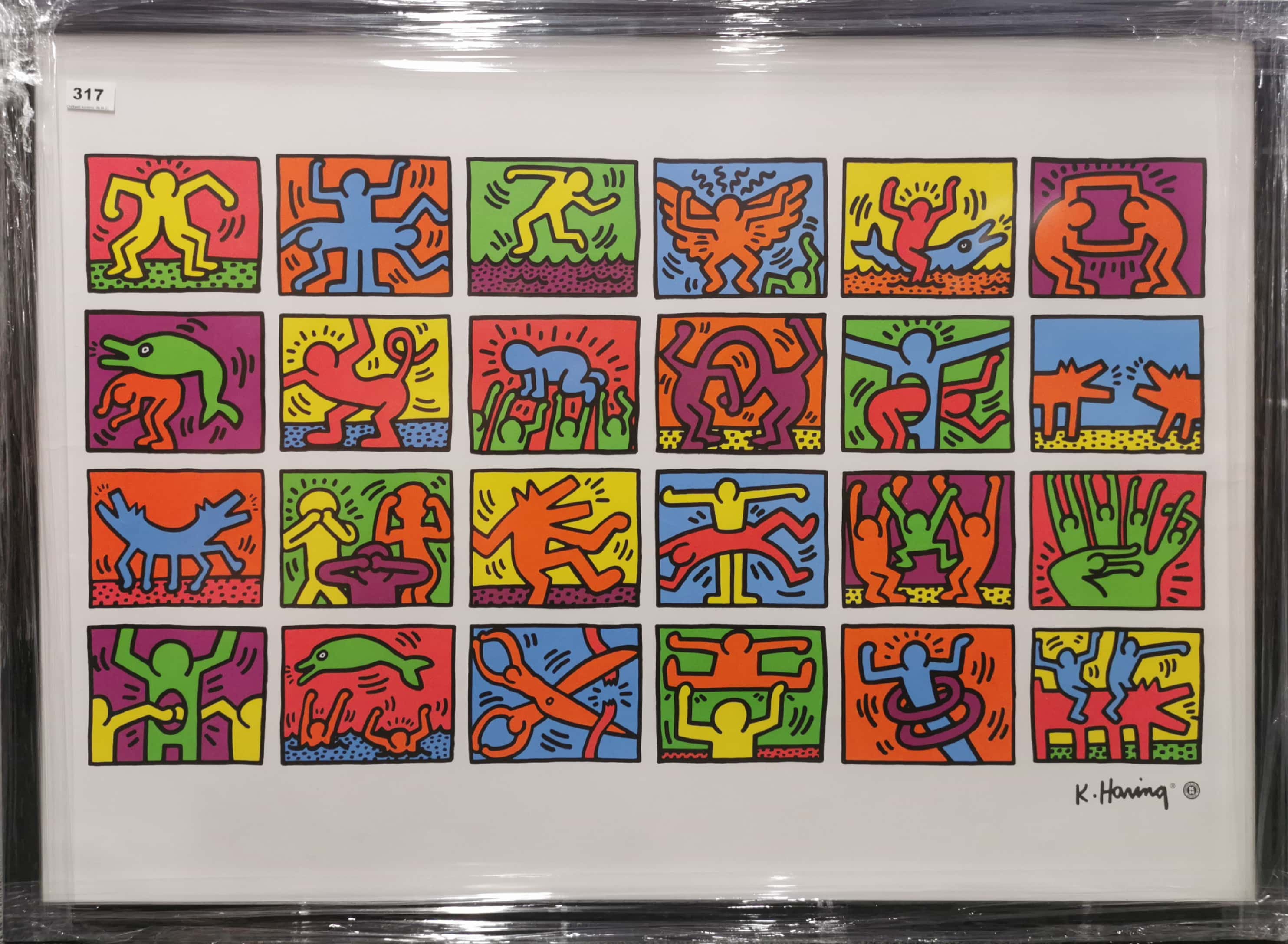 A Keith Haring framed lithograph of 24 images of his work, frame 104 x 75cm. Authorised by the