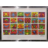 A Keith Haring framed lithograph of 24 images of his work, frame 104 x 75cm. Authorised by the