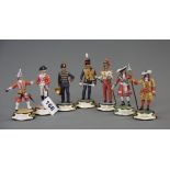 Seven hand painted pewter figures of historical military characters, H. 12cm.