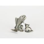 A 925 silver model of a leaping salmon, H. 5cm. together with a hallmarked cat.