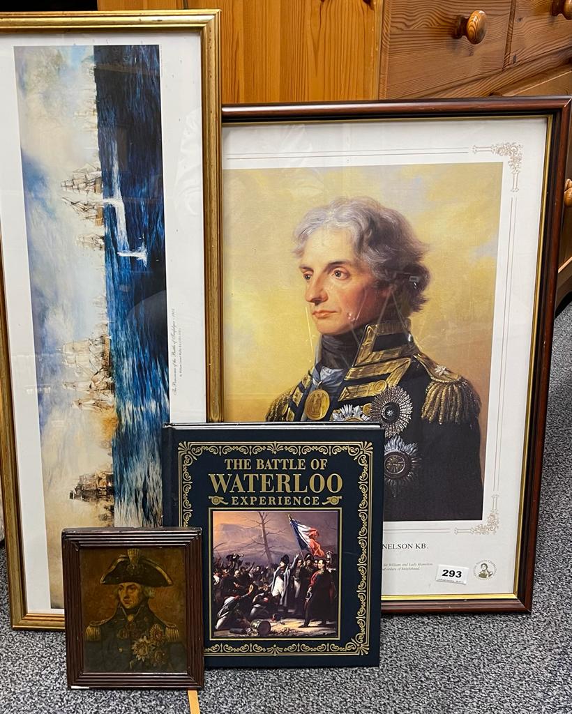A book entitled the Battle of Waterloo experience together with a group of framed prints, largest 48