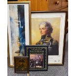 A book entitled the Battle of Waterloo experience together with a group of framed prints, largest 48