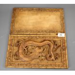 A 19th C Chinese carved wooden book cover, 33 x 19cm.
